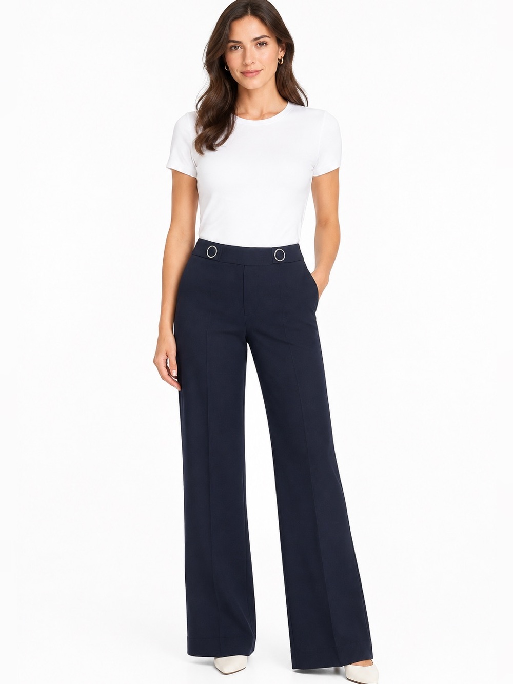 Tory Burch Wool Navy Trousers with Sailor Button Detailed Waist